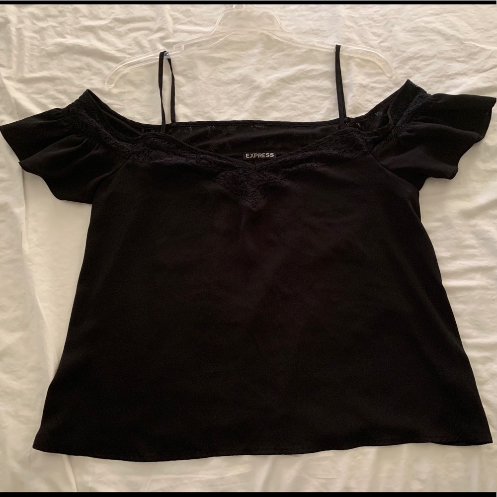 Express slouchy shoulder lace Trump black blouse